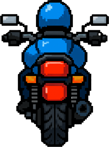 Create a 2D motorcycle sprite viewed from behind, positioned to ride on the road..
In-Game asset.  2d.  High contrast.  No shadows