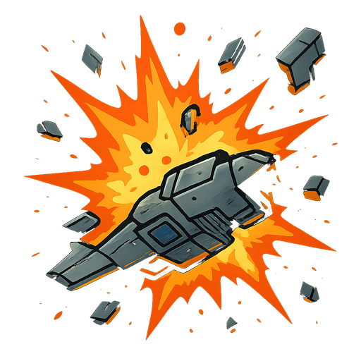 An explosion which contains debris of a spaceship.
In-Game asset.  2d.  High contrast.  No shadows