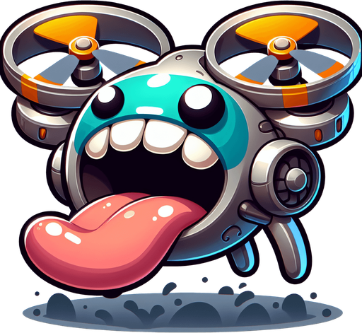 A fun loving hungry cartoon drone with a giant mouth.
Single Game Texture. In-Game asset. 2d. Blank background. High contrast. No shadows.