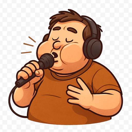 Orta yaşlı  beatbox karakter, şişman ve komik, ayrica sevimli, ayakları gözükmesinn, sadece beline kadar gözüksün, yanakları şişmiş: beatbox yapıyor görünmeli. arka planı transparan olsun