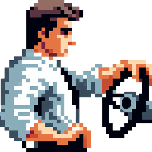 cool looking driver leaned back and holding a car wheel as if he's driving. 30 years old. vintage retro 1980 style. 3/4 view. pixelated. 8 bit. Single Game Texture. In-Game asset. 2d. Blank background. High contrast. No shadows.