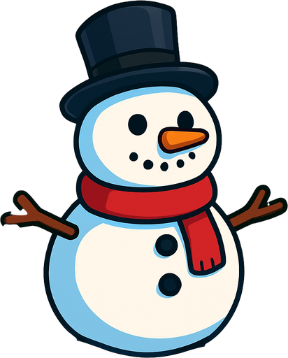 a cartoon style 3d image of a snowman in a field with pine trees in the background. no people..
In-Game asset.  2d.  High contrast.  No shadows