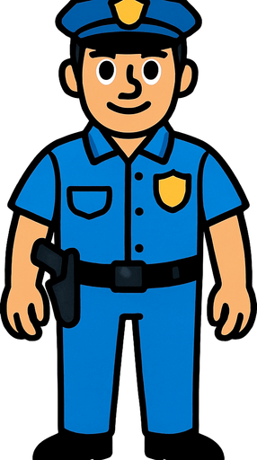 mavi polis giysili, cebinde silah olan tüm vücudu görünen bir polis.
In-Game asset.  2d.  High contrast.  No shadows