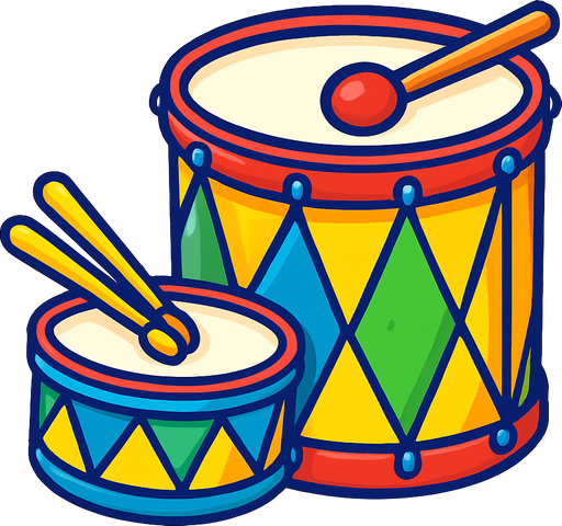 A bright, cartoon-style illustration of Brazilian samba drums including a tamborim and surdo, decorated with carnival colors. Transparent rounded background PNG, optimized for game asset..
In-Game asset.  2d.  High contrast.  No shadows
