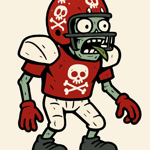 Uniforme Completo: Viste un uniforme de fútbol americano bastante completo, lo que le da una apariencia robusta y protegida.

Casco de Fútbol: Lleva un casco de fútbol americano de color rojo brillante, adornado con dibujos de calaveras blancas y huesos cruzados, que son un distintivo de los zombis. Este casco no es solo estético, sino que le proporciona una defensa significativa en su cabeza.

Hombreras y Camiseta: Tiene unas grandes hombreras blancas y una camiseta roja con el mismo patrón de calaveras y huesos en el pecho.

Pantalones y Guantes: Sus pantalones son de color claro (crema o blanco roto) y lleva guantes rojos.

Botas de Fútbol: Calza grandes botas de fútbol americano de color gris oscuro o negro.

Boca Abierta y Cerebro: Típicamente, como muchos zombis, tiene la boca abierta, mostrando su deseo de cerebros. En tu imagen, parece tener algo verde (quizás una hoja o parte de una planta) sobresaliendo de su boca, lo que podría indicar que ya ha estado masticando algo..
In-Game asset.  2d.  High contrast.  No shadows