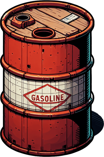 gasoline barel.
Single Game Texture. In-Game asset. 2d. Blank background. High contrast. No shadows.
