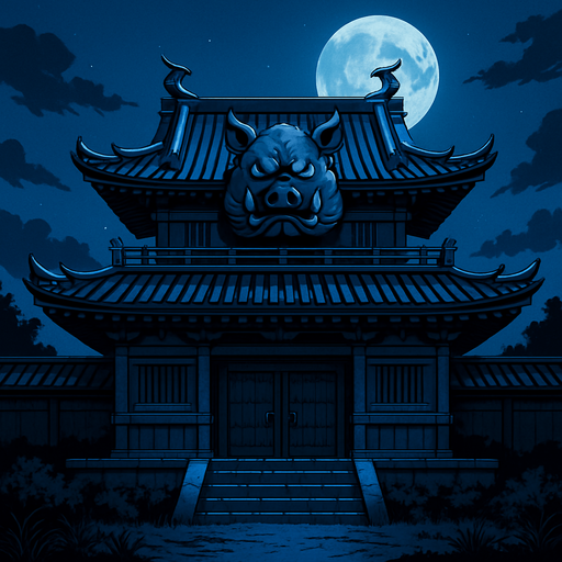 realistic 2d anime style front field old samurai palace temple with pig evil ornament at midnight.
In-Game asset.  2d.  High contrast.  No shadows