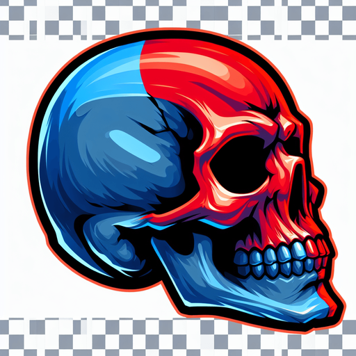 tête de mort coter droit en bleu coter gauche en rouge.
Single Game Texture. In-Game asset. 2d. Blank background. High contrast. No shadows.