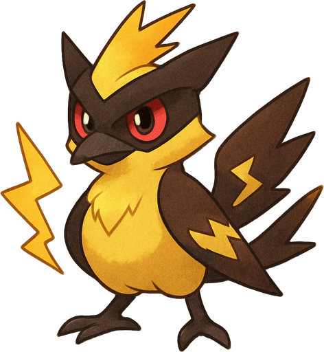 Um monstrinho do tipo elétrico inspirado em Pokémon e Digimon Classe Rpg aparência Bem-te-vi e Zorro