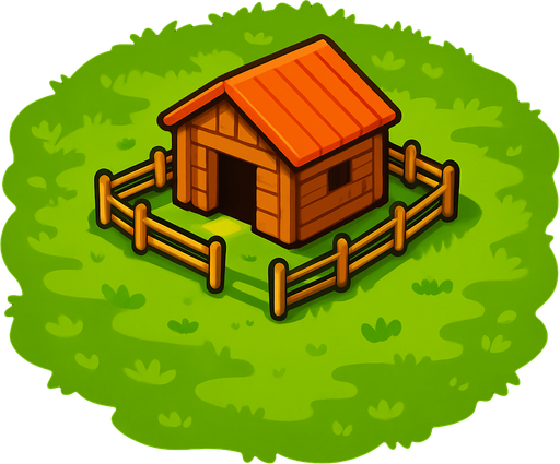 מרעה ירוק עם דיר קטן במרכזו.
In-Game asset.  2d.  High contrast.  No shadows
