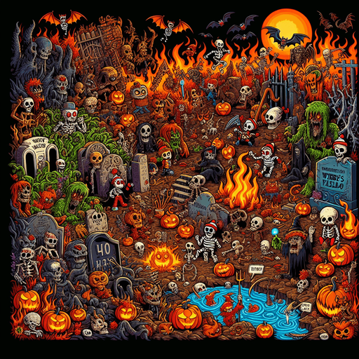 Generate a high quality cartoon background Halloween image on a black canvas similar to the format of where is waldo with a hellish environment.
Single Game Texture. In-Game asset. 2d. Blank background. High contrast. No shadows.