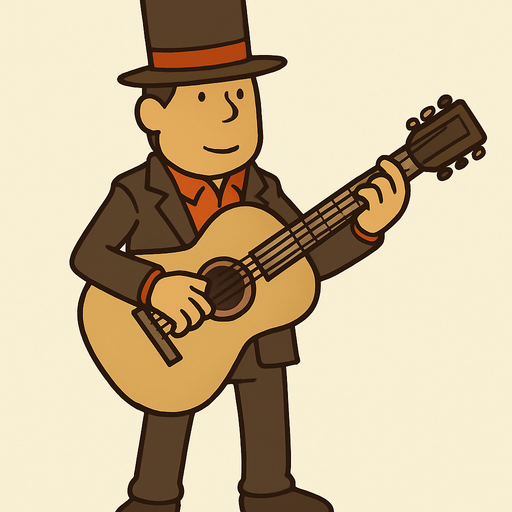 Gutair professor Layton game style.
In-Game asset.  2d.  High contrast.  No shadows