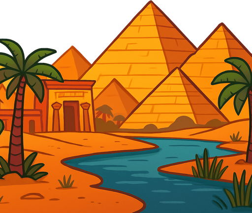 A desert cartoon-style background with pyramids, palm trees, and the Nile river. Add warm sunset tones and Egyptian architectural elements. Great for an Oud-based level..
In-Game asset.  2d.  High contrast.  No shadows