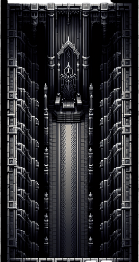 Background seen from above showing the long vertical black throne room hallway of the dark wizard king..
Single Game Texture. In-Game asset. 2d. Blank background. High contrast. No shadows.