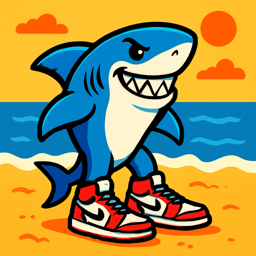 shark with nikes on the beach.
In-Game asset.  2d.  High contrast.  No shadows
