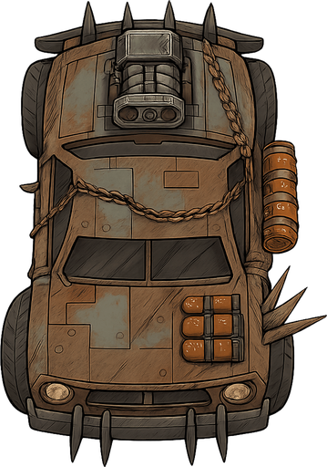 It will be a small car in the style of Madmax. It will have a top view. No background. Transparent background. Blank background. No shadows. 2d. In-Game asset. flat
