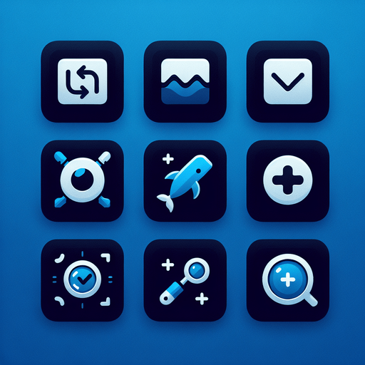 Collection of high definition modern rounded squares buttons.
simple icons : resize , fullscreen (arrows), magnifier with +,...,
Simple backgrounds. 
Few dark "blue whale" gradient colours.
no text