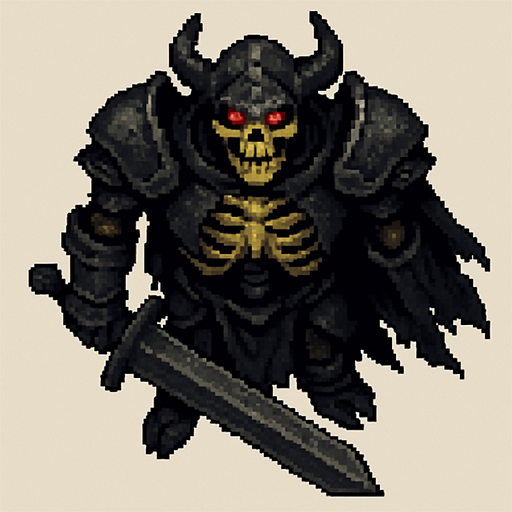 “Top-down 2D pixel art of a massive armored skeleton warrior with glowing red eyes. He holds an enormous two-handed sword, dragging or raising it. The armor is dark, cracked, and ancient, with heavy pauldrons, a horned helmet, and a tattered cape. The skeleton’s bones are thick and yellowed, giving a monstrous undead presence. Viewed directly from above, designed as a boss enemy sprite in a dark fantasy pixel art game.”.
In-Game asset.  2d.  High contrast.  No shadows