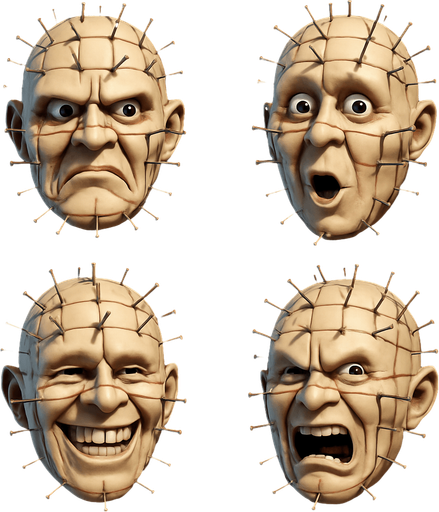 3D Scary but funny face meme "pinhead" from the movie. different faces look. only face
In-Game asset.  High contrast. 3D. No shadows. only face