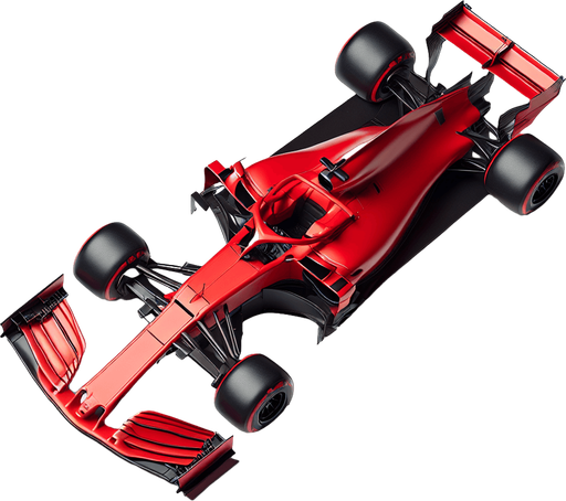 a red f1 race car top view.
Single Game Texture. In-Game asset. 2d. Blank background. High contrast. No shadows.