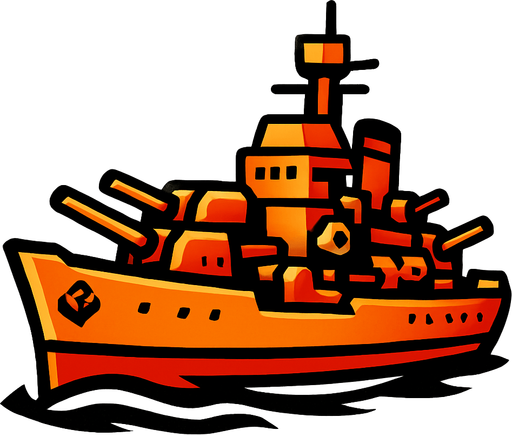 The medium warship balances speed and firepower. It is equipped with multiple cannons and moderate armor. It moves steadily and can withstand more hits than smaller ships, making it a tougher target..
In-Game asset.  2d.  High contrast.  No shadows