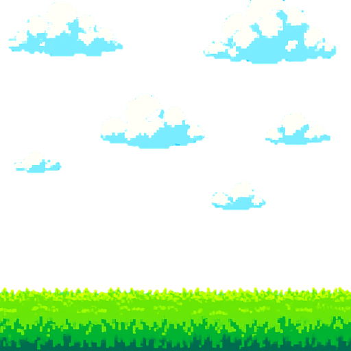 Create a pixel art background image for a 2D mobile game in portrait orientation.

The scene should feature a bright blue sky with some pixelated white clouds, and a grassy green field at the bottom.

Use a colorful, retro pixel art style (16-bit style), keeping the image light and cheerful.

The background should not include any characters or objects, only environment elements.

Leave space in the middle of the screen for gameplay elements (like the grid of boxes).

Make sure the image loops or tiles well if needed..
In-Game asset.  2d.  High contrast.  No shadows