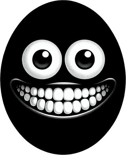 a black oval with a funny  face.