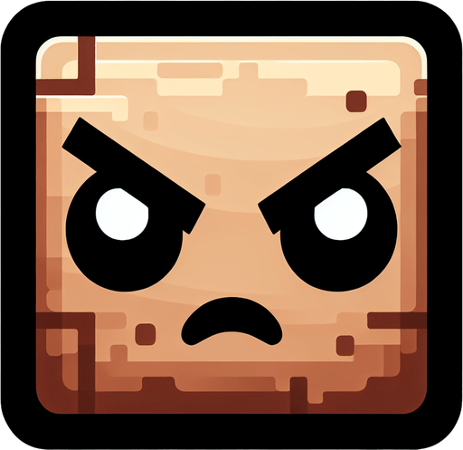 квадрат со злым лицом..
Single Game Texture. In-Game asset. 2d. Blank background. High contrast. No shadows.