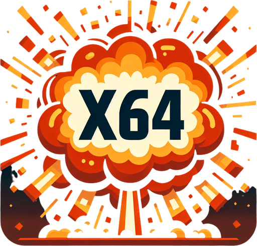 爆炸，里面有“X64”的字样,暖色调.
Single Game Texture. In-Game asset. 2d. Blank background. High contrast. No shadows.