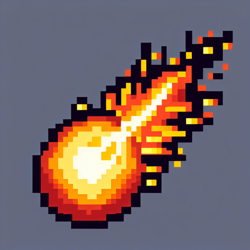 8 bit fireball
with a flame trail that goes down.
Single Game Texture. In-Game asset. 2d. Blank background.. No shadows.