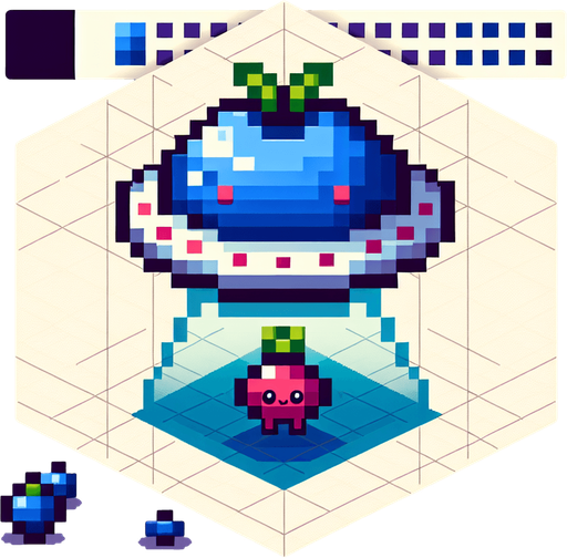 8-bit pixelated isometric blueberry-shaped UFO with a cute fruit inside.
Single Game Texture. In-Game asset. 2d. Blank background. High contrast. No shadows.