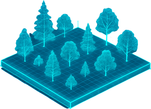 Top down isometric cyberpunk simulation hologram grid projection forest