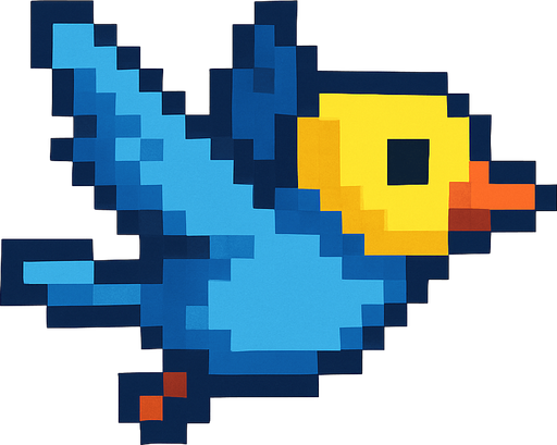 pxel art sarı kafalı mavi uçar pozisyonda bir kuş.
Single Game Texture. In-Game asset. 2d. Blank background. High contrast. No shadows.