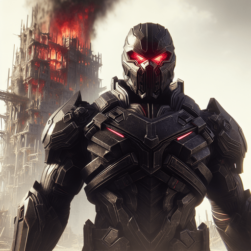 {
 "A dark and intimidating enemy, standing tall in a futuristic battlefield. They wear black, heavy armor, with glowing red eyes visible through a helmet. The background shows a war-torn city, with smoke rising from ruined buildings. The enemy holds a large, menacing sword, ready for battle. Their posture is aggressive, exuding power and malice. The atmosphere is tense, with a sense of impending doom.".
Single Game Texture. In-Game asset. 2d. Blank background. High contrast. No shadows.