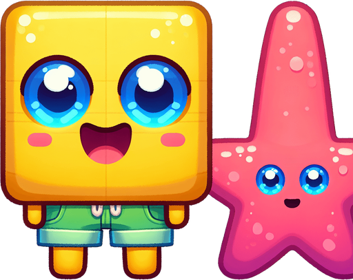 SpongeBob cartoon characters.
Single Game Texture. In-Game asset. 2d. Blank background. High contrast. No shadows.