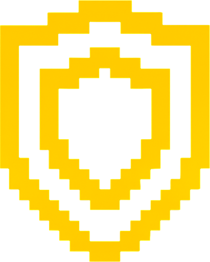 Símbolo de escudo pixelado con pixeles amarillos.
In-Game asset.  2d.  High contrast.  No shadows