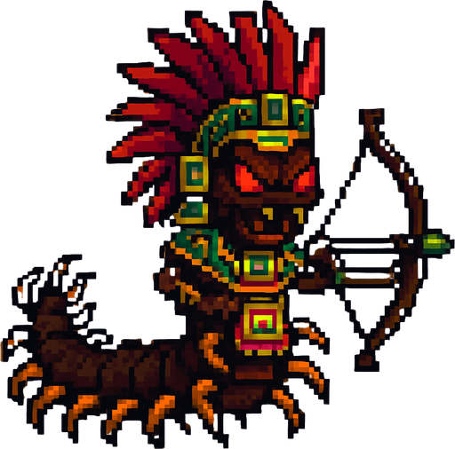 Genérame una Ciempies gigante amazonico guerrero azteca con eso patrones, estilo pixelar, con una apariencia maligna, ojos rojos, rabioso. Unidad a distancia, con un arco o cerbatana. Animal.
In-Game asset.  2d.  High contrast.  No shadows