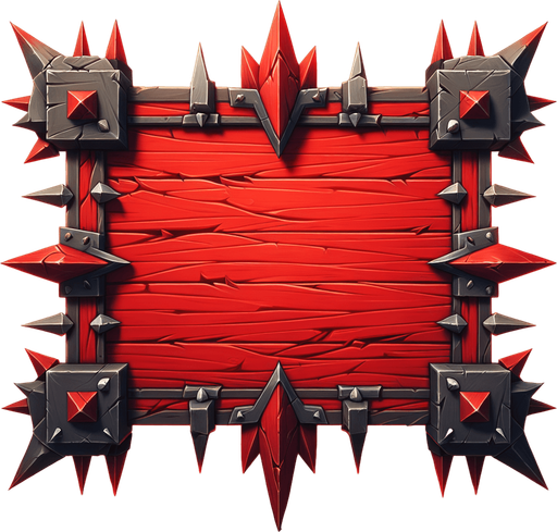 A dangerous bright red wooden message board with long spikes on all sides. Views straight from the front as an interface element..
Single Game Texture. In-Game asset. 2d. Blank background. High contrast. No shadows.