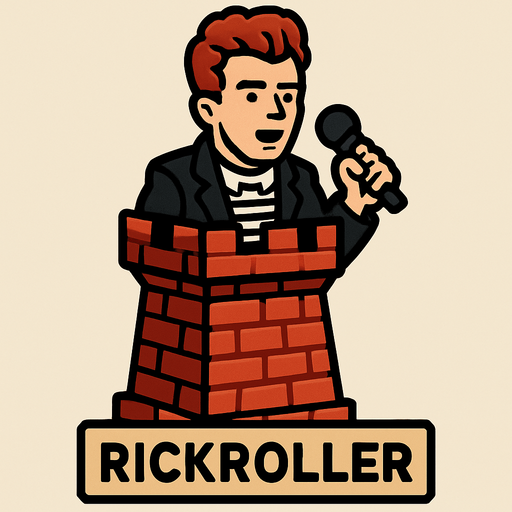"Rickroller": A RickAstley tower holding a mic.
In-Game asset.  2d.  High contrast.  No shadows