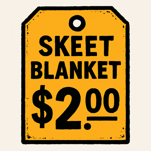 Price tag that says skeet blanket $2.00.
In-Game asset.  2d.  High contrast.  No shadows