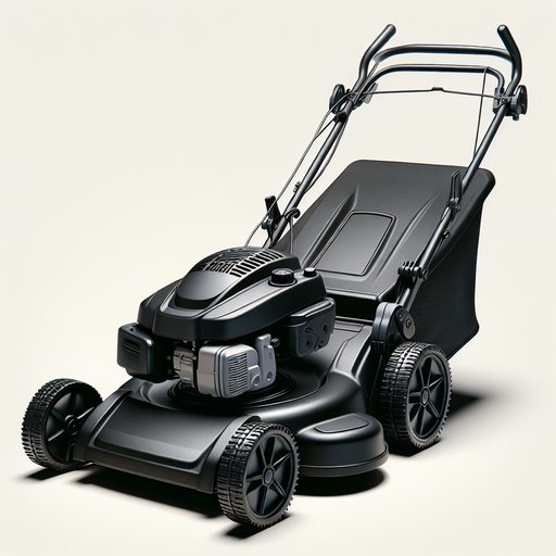 Black lawnmower.
Single Game Texture.  In-Game asset.  2d.  Blank background.  High contrast.  No shadows