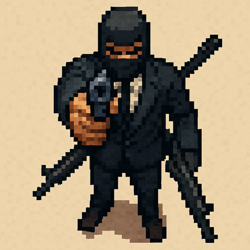 sicario vestido de negro hecho con pixeles y con armas con perspectiva desde arriba visto de frente apuntando con un arma