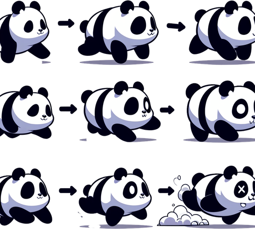 ayakta koşan bir pandanın farklı anları.
Single Game Texture. In-Game asset. 2d. Blank background. High contrast. No shadows.