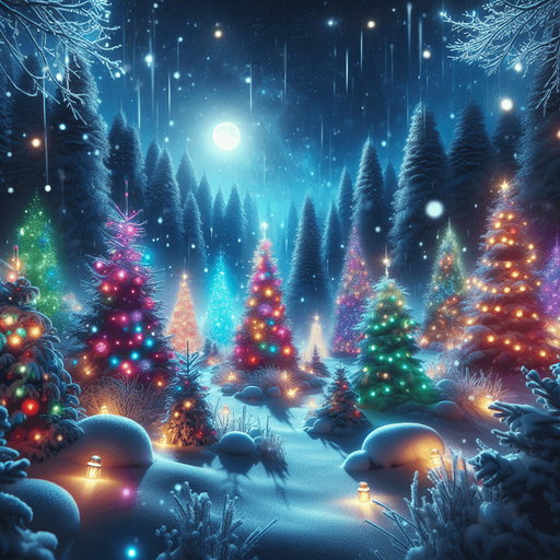 a feeric christmas landscape at night with decorated trees Background image