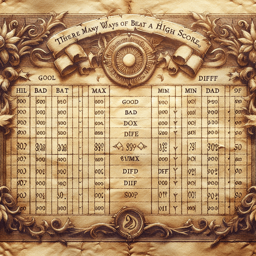 There is the text: "there are many ways zo beat a highscore, but can you also beat all in once?" On a pergament with many highscores called good, bad, max, min and diff.