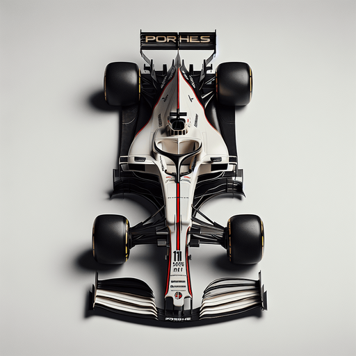 Photorealistic Porsche F1 race car, top view. 
Golden logo on car nose.
White body with black rear and front wing.
Very thick red lines on body from front wing to rear wing. 
Replace Porsche text to white coloured ,,Porshe" text on rear wing.