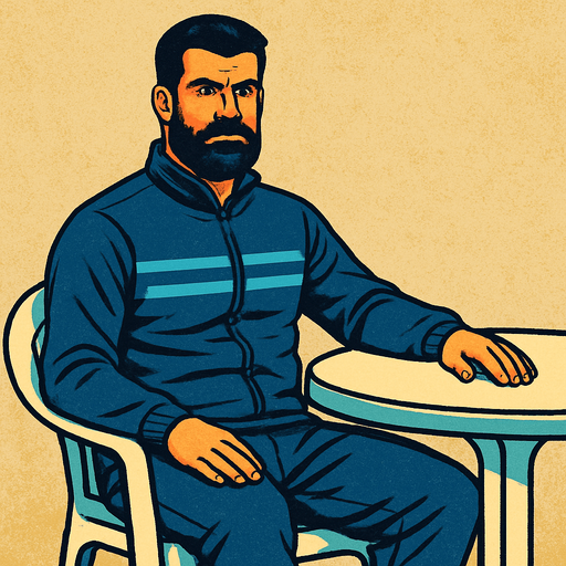 Beyaz plastik sandalye ve masa da oturan volkan demiren görseli oluştur . bu görsel de volkan demirel Lacivert eşofman takımı giyiyor olsun . retro temada olsun !.
In-Game asset.  2d.  High contrast.  No shadows