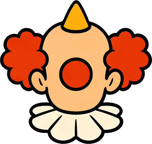 bir palyanço kafasının arka üsten görünümü çizgi film stili.
In-Game asset.  2d.  High contrast.  No shadows