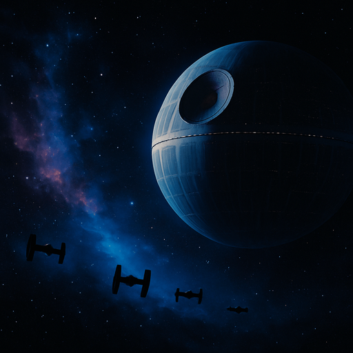 A cinematic sci-fi background set in deep space, featuring the iconic Death Star looming in the distance with dramatic lighting. The foreground includes distant Rebel or Imperial starfighters flying across the stars, with a nebula glowing behind them in shades of blue, purple, and black. The Death Star is partially in shadow, with visible surface details like trenches and superlaser dish glowing faintly. Stars and cosmic dust fill the background, adding depth and realism. The mood is epic and mysterious, perfect for a Star Wars-themed environment. 4K resolution, widescreen layout, concept art style, high detail, suitable as a desktop or game background..
In-Game asset.  2d.  High contrast.  No shadows