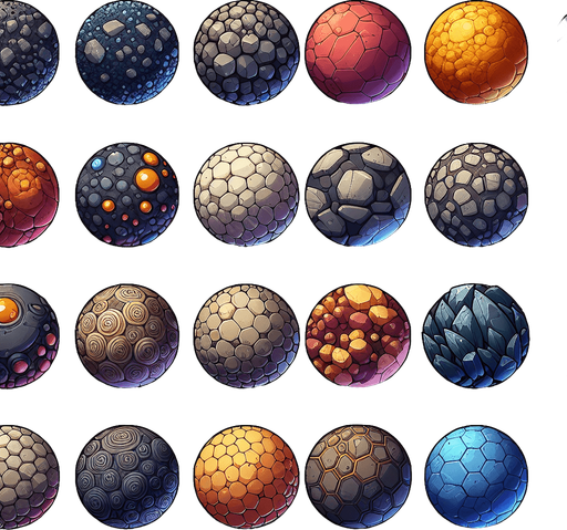 Different colors of stones, spheres in all 8 images, not text or pixels colors, mixed theme..
Single Game Texture. In-Game asset. 2d. Blank background. High contrast. No shadows.